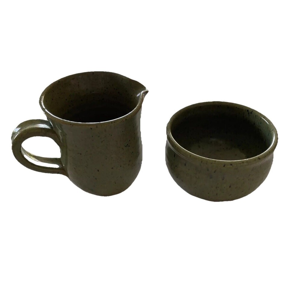PEI POTTERY set of  2 pottery mini creamer & sugar Bowl Green Speckled